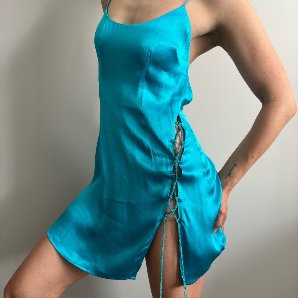 MESHKI Backless Turquoise Satin Backless Dress